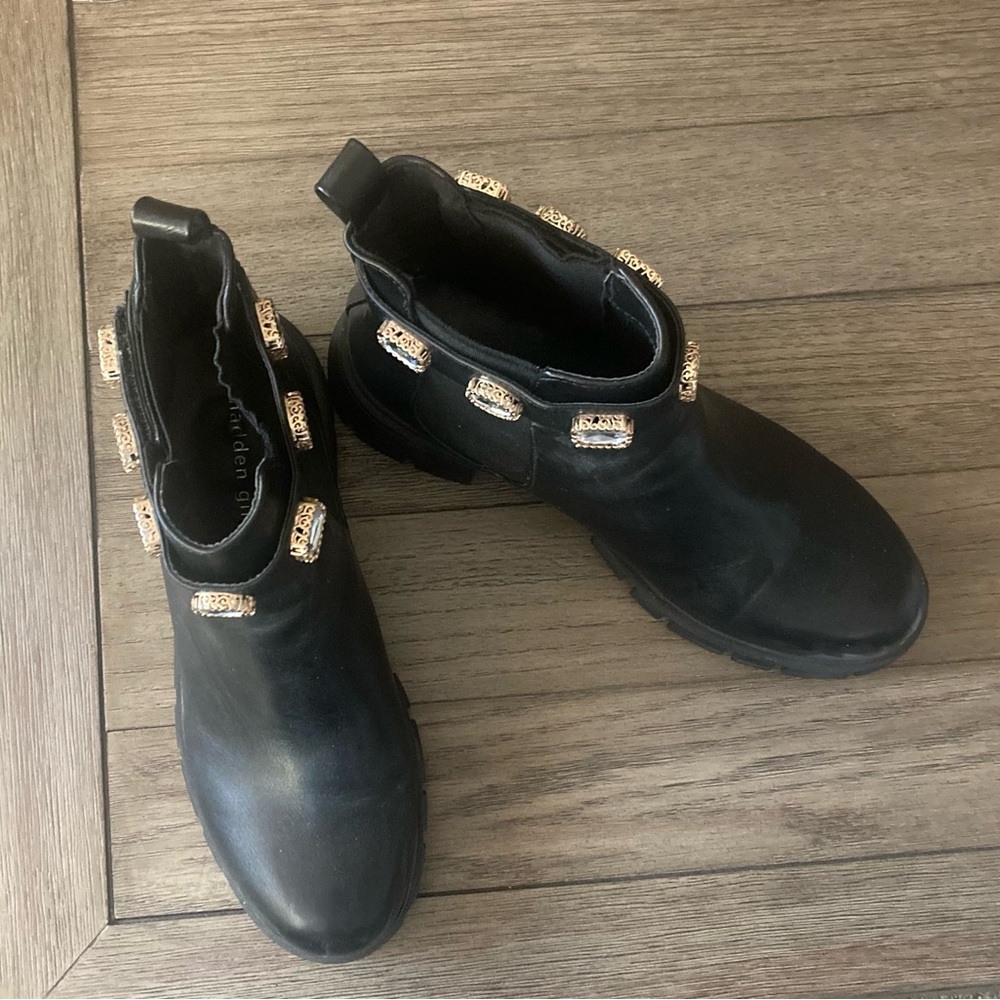 Madden Girl Honeyy Black Ankle Boots with Gold Rhinestone Band.  Size 10.